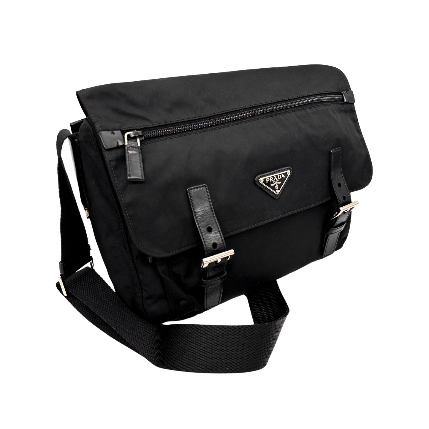 Prada Double Buckle Flap Messenger Bag Tessuto Black