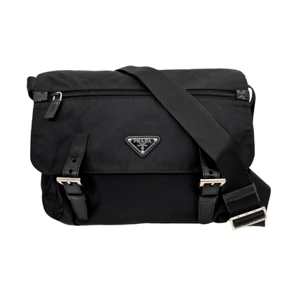 Prada Double Buckle Flap Messenger Bag Tessuto Black