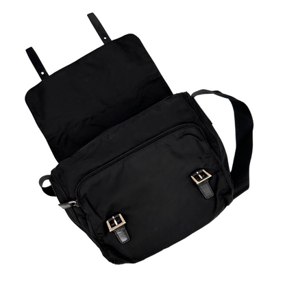 Prada Double Buckle Flap Messenger Bag Tessuto Black